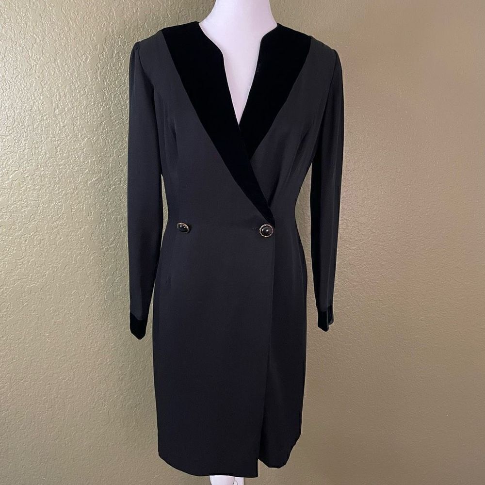 Vintage Lanz RSVP Petites Women’s Size 6 Black Formal MIDI Tuxedo Dress V Neck